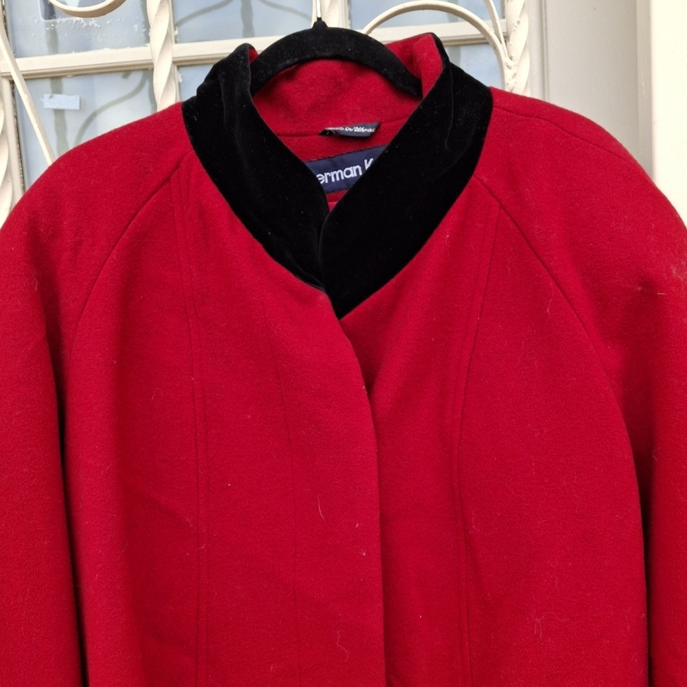 Herman Kay Red Wool and Black Velvet Trim Coat Vintage Women Size 16 - Picture 11 of 16